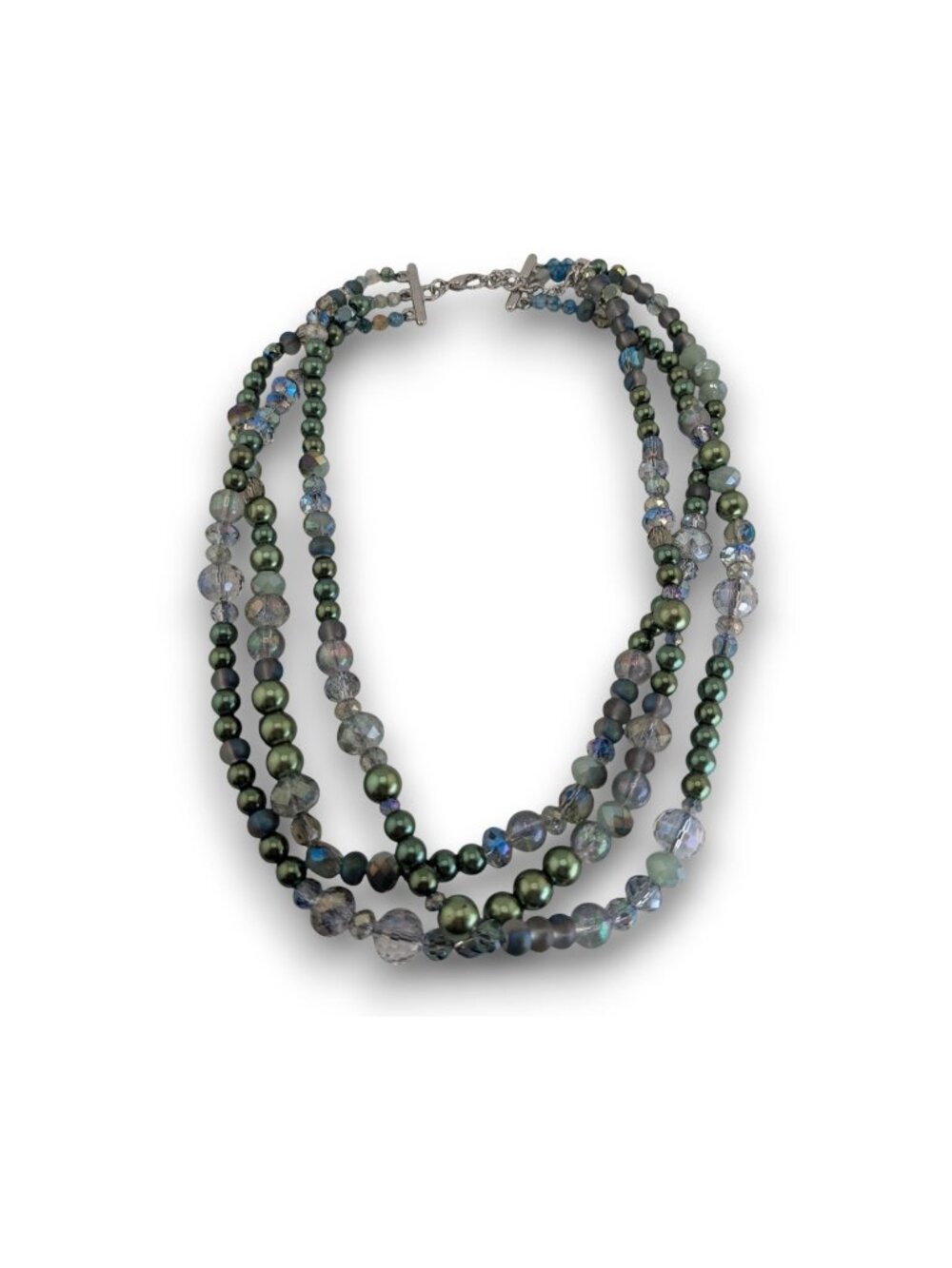 Ethereal Layered Glass Green Faux Pearl Beaded Necklace 15 Inch